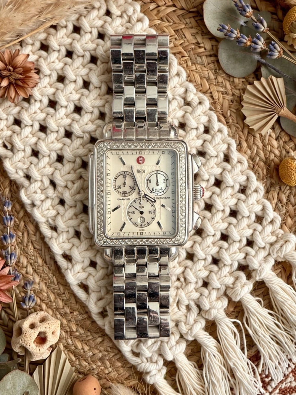 Michele Silver Crystal-Accented Square Chronograph Watch